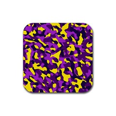 Purple And Yellow Camouflage Pattern Rubber Coaster (square)  by SpinnyChairDesigns