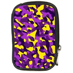 Purple And Yellow Camouflage Pattern Compact Camera Leather Case by SpinnyChairDesigns