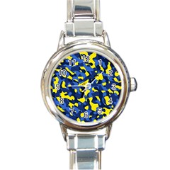 Blue And Yellow Camouflage Pattern Round Italian Charm Watch by SpinnyChairDesigns