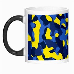 Blue And Yellow Camouflage Pattern Morph Mugs by SpinnyChairDesigns