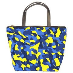 Blue And Yellow Camouflage Pattern Bucket Bag by SpinnyChairDesigns