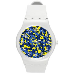 Blue And Yellow Camouflage Pattern Round Plastic Sport Watch (m) by SpinnyChairDesigns