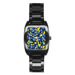 Blue And Yellow Camouflage Pattern Stainless Steel Barrel Watch by SpinnyChairDesigns