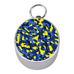 Blue And Yellow Camouflage Pattern Mini Silver Compasses by SpinnyChairDesigns