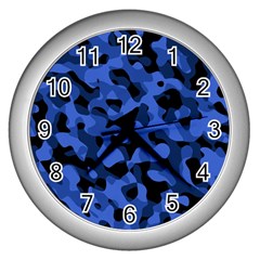 Black And Blue Camouflage Pattern Wall Clock (silver) by SpinnyChairDesigns