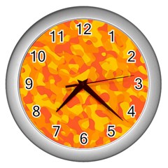 Orange And Yellow Camouflage Pattern Wall Clock (silver) by SpinnyChairDesigns