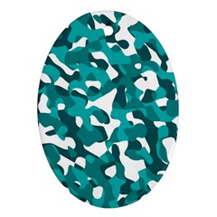 Teal And White Camouflage Pattern Oval Ornament (two Sides) by SpinnyChairDesigns