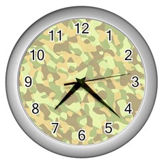 Light Green Brown Yellow Camouflage Pattern Wall Clock (silver) by SpinnyChairDesigns