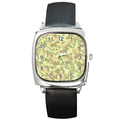 Light Green Brown Yellow Camouflage Pattern Square Metal Watch by SpinnyChairDesigns