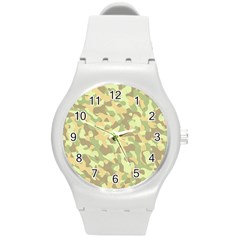 Light Green Brown Yellow Camouflage Pattern Round Plastic Sport Watch (m) by SpinnyChairDesigns