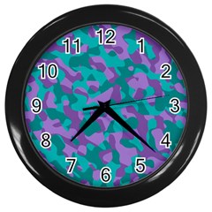 Purple And Teal Camouflage Pattern Wall Clock (black) by SpinnyChairDesigns