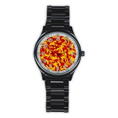 Red And Yellow Camouflage Pattern Stainless Steel Round Watch by SpinnyChairDesigns