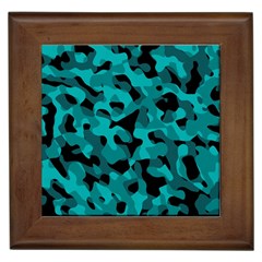 Black And Teal Camouflage Pattern Framed Tile by SpinnyChairDesigns