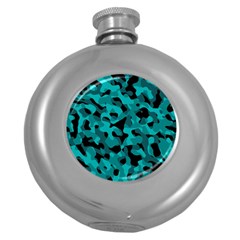 Black And Teal Camouflage Pattern Round Hip Flask (5 Oz) by SpinnyChairDesigns