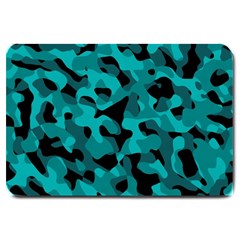 Black And Teal Camouflage Pattern Large Doormat  by SpinnyChairDesigns