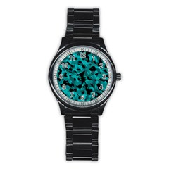 Black And Teal Camouflage Pattern Stainless Steel Round Watch by SpinnyChairDesigns