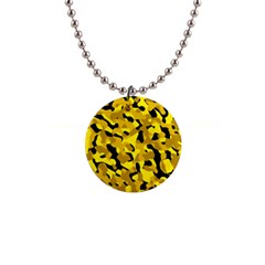 Black And Yellow Camouflage Pattern 1  Button Necklace by SpinnyChairDesigns