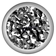 Black And White Camouflage Pattern Wall Clock (silver) by SpinnyChairDesigns