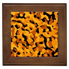 Orange And Black Camouflage Pattern Framed Tile by SpinnyChairDesigns