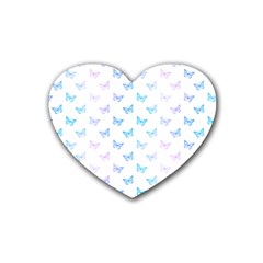 Light Blue Pink Butterflies Pattern Rubber Coaster (heart)  by SpinnyChairDesigns