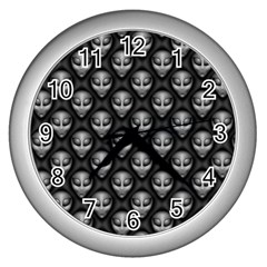 Grey Aliens Extraterrestrials Ufo Faces Wall Clock (silver) by SpinnyChairDesigns