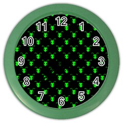 Neon Green Bug Insect Heads On Black Color Wall Clock by SpinnyChairDesigns