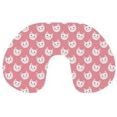 Cute Cat Faces White And Pink Travel Neck Pillow by SpinnyChairDesigns