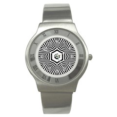 Black And White Line Art Stripes Pattern Stainless Steel Watch by SpinnyChairDesigns