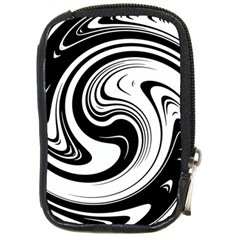 Black And White Swirl Spiral Swoosh Pattern Compact Camera Leather Case by SpinnyChairDesigns