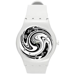 Black And White Swirl Spiral Swoosh Pattern Round Plastic Sport Watch (m) by SpinnyChairDesigns