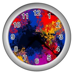 Colorful Paint Splatter Texture Red Black Yellow Blue Wall Clock (silver) by SpinnyChairDesigns