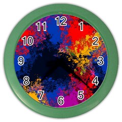 Colorful Paint Splatter Texture Red Black Yellow Blue Color Wall Clock by SpinnyChairDesigns