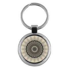 Beige Kaleidoscope Mandala Arabesque Pattern Key Chain (round) by SpinnyChairDesigns