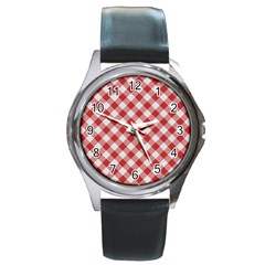 Picnic Gingham Red White Checkered Plaid Pattern Round Metal Watch by SpinnyChairDesigns