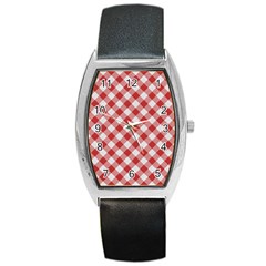 Picnic Gingham Red White Checkered Plaid Pattern Barrel Style Metal Watch by SpinnyChairDesigns