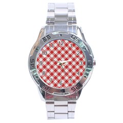 Picnic Gingham Red White Checkered Plaid Pattern Stainless Steel Analogue Watch by SpinnyChairDesigns