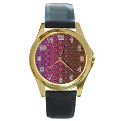 Abstract Retro Floral Stripes Pattern Round Gold Metal Watch