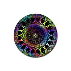 Colorful Rainbow Colored Arabesque Mandala Kaleidoscope  Rubber Round Coaster (4 Pack)  by SpinnyChairDesigns