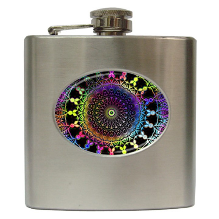 Colorful Rainbow Colored Arabesque Mandala Kaleidoscope  Hip Flask (6 oz)