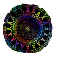 Colorful Rainbow Colored Arabesque Mandala Kaleidoscope  Large 18  Premium Round Cushions by SpinnyChairDesigns