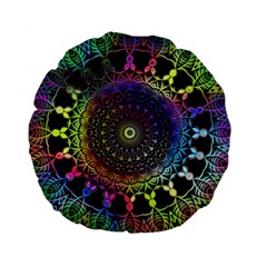 Colorful Rainbow Colored Arabesque Mandala Kaleidoscope  Standard 15  Premium Flano Round Cushions by SpinnyChairDesigns