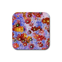 Cosmos Flowers Brown Rubber Coaster (square)  by DinkovaArt