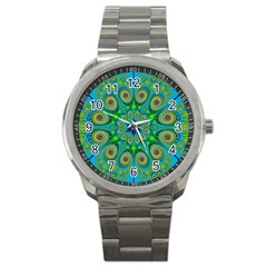 Peacock Mandala Kaleidoscope Arabesque Pattern Sport Metal Watch by SpinnyChairDesigns