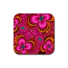 Abstract Pink Gold Floral Print Pattern Rubber Coaster (square)  by SpinnyChairDesigns
