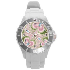 Pastel Pink Abstract Floral Print Pattern Round Plastic Sport Watch (l) by SpinnyChairDesigns