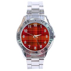 Red Brown Orange Plaid Pattern Stainless Steel Analogue Watch