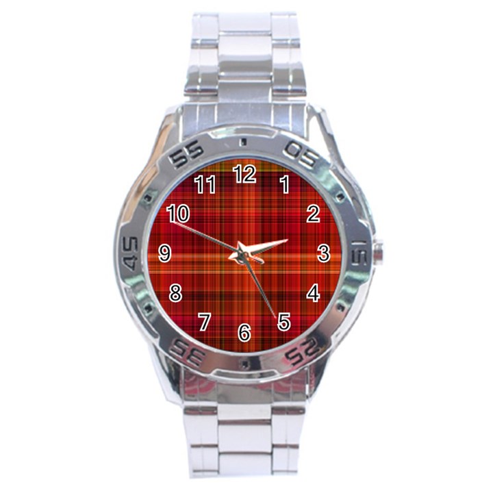 Red Brown Orange Plaid Pattern Stainless Steel Analogue Watch