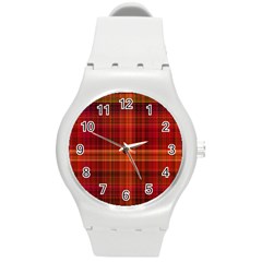 Red Brown Orange Plaid Pattern Round Plastic Sport Watch (m) by SpinnyChairDesigns