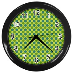 Green Polka Dots Spots Pattern Wall Clock (black) by SpinnyChairDesigns