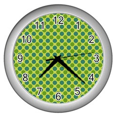 Green Polka Dots Spots Pattern Wall Clock (silver)
